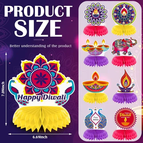 Vista 3 de 9 piezas Diwali decoración de fiesta Diwali Honeycomb Centros de mesa Deepavali Vela Deepavali Lámpara de aceite Centro de mesa Toppers Surtido