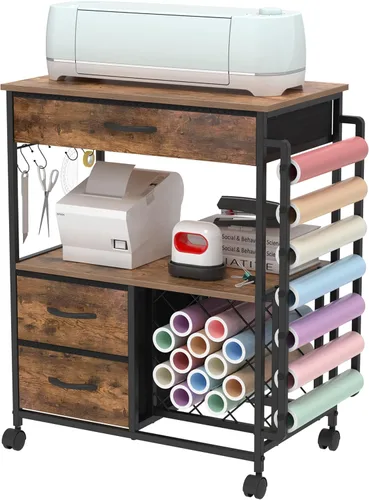 Vista 8 de VENNQD Carrito de almacenamiento compatible con máquinas Cricut, soporte para máquina de corte con cajones y soporte de rollo de vinilo, mesa