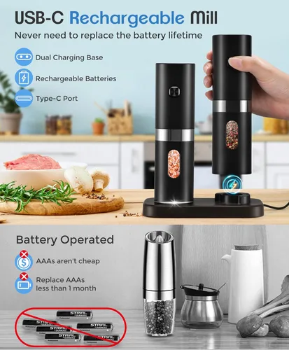 Vista 2 de Juego de molinillo eléctrico de sal y pimienta, nuevo molinillo recargable de sal y pimienta con 4 * baterías recargables, base de carga, luz