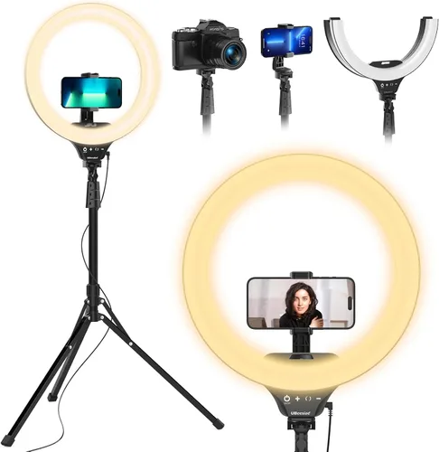 Vista 11 de UBeesize Anillo de luz LED de 12 pulgadas con soporte de trípode de 62 pulgadas, anillo de luz para selfie para grabación de video, transmisión