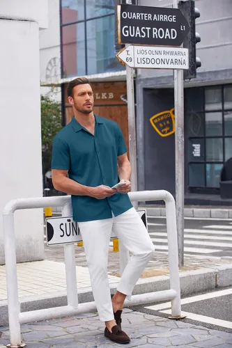 Vista 25 de COOFANDY Camisa casual con botones para hombre, manga corta, sin arrugas, camisa de verano Negro
