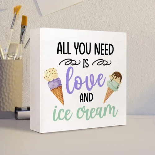 Vista 4 de Letrero inspirador de madera con texto en inglés «All You Need is Love and Helado», decoración rústica de bloque de madera de helado de verano