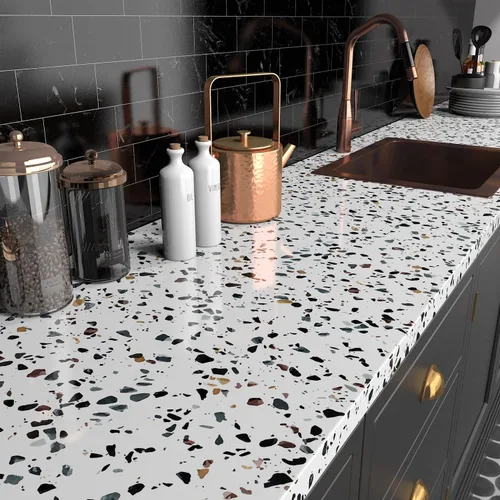 Vista 5 de AbaBoorty Papel de contacto de granito de 15.8 x 197 pulgadas, papel de contacto de terrazo blanco para encimeras, papel tapiz autoadhesivo