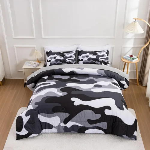Vista 29 de Meeting Story Juego de ropa de cama de camuflaje, juego de edredón estilo patrón colorido, 5 piezas, un edredón, dos fundas de almohada, dos sábanas