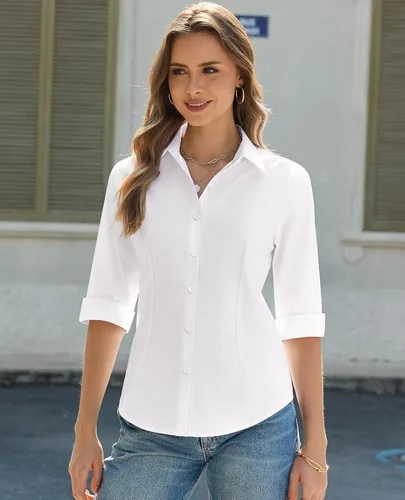 Vista 3 de siliteelon Button Down Shirts for Women: Slim Fit Stain Shield 3/4 Sleeve Dress Shirt Formal Work Button Up Blouses