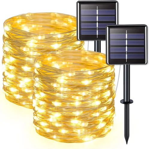 Vista 21 de JMEXSUSS Paquete de 2 luces solares de Navidad impermeables para exteriores, 100 LED de 33 pies, color blanco cálido y multicolor, luces solares