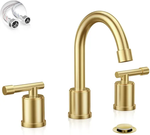 Phiestina WFZY01-BG - Grifo de baño de 8 pulgadas, 3 agujeros, 2 asas, moderno grifo de lavabo de baño con drenaje emergente de metal y línea de