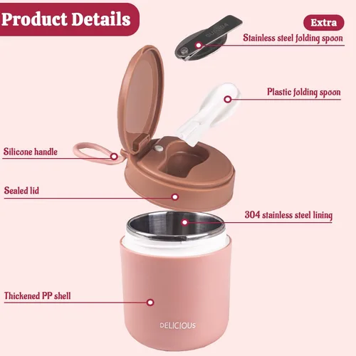 Vista 2 de Lonchera Bento de 14 onzas para comida caliente, con cuchara plegable, a prueba de fugas, de acero inoxidable, con aislamiento, para viajes al aire