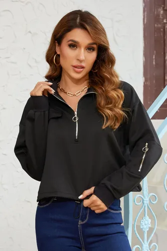 Vista 3 de SILKWORLD Sudadera corta con cremallera de un cuarto para mujer, manga larga, cuello alto, cordón ajustable, con bolsillos