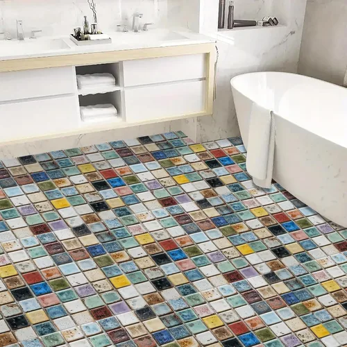 Vista 5 de Azulejos de Suelo Autoadhesivos 12x12 Pulgadas Multicolor de Despegar y Pegar, Planchas de Piso de Vinilo con Patrón de Mosaico Retro para Cocina