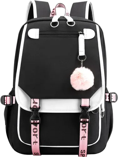 JiaYou - Mochila para niñas estudiantes de la escuela, mochila para libros al aire libre con puerto de carga USB, Blanco negro, 21 litros, Mochilas