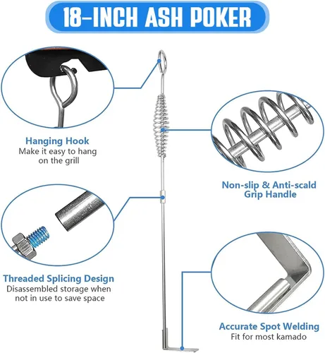 Vista 3 de Bandeja de cenizas para huevo verde grande, herramienta de ceniza, de acero inoxidable, rastrillo de póquer de carbón BGE de gran tamaño Kamado Joe