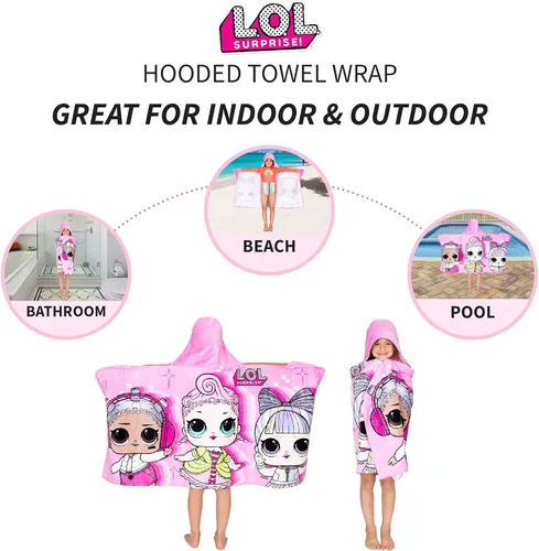 Vista 4 de Franco - Toalla de rizo de algodón suave con capucha para niños, para uso en baño y playa, 24 x 50 pulgadas, LOL Surprise