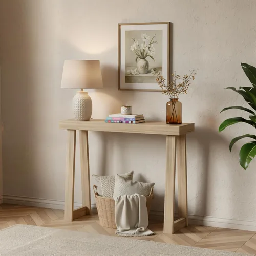 Vista 23 de Plank+Beam Mesa consola de madera maciza, 46 pulgadas, mesa de sofá, mesa de entrada estrecha para pasillo, detrás del sofá, sala de estar, Blanco