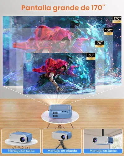 Vista 6 de Mini proyector con WiFi y Bluetooth, proyector de película portátil para iPhone, compatible con 1080P con altavoz de 3 W, para cine en casa al aire