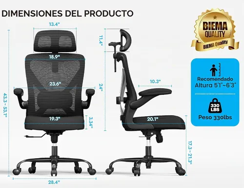 Vista 2 de Silla de oficina ergonómica negra: silla de escritorio de malla cómoda con Negro