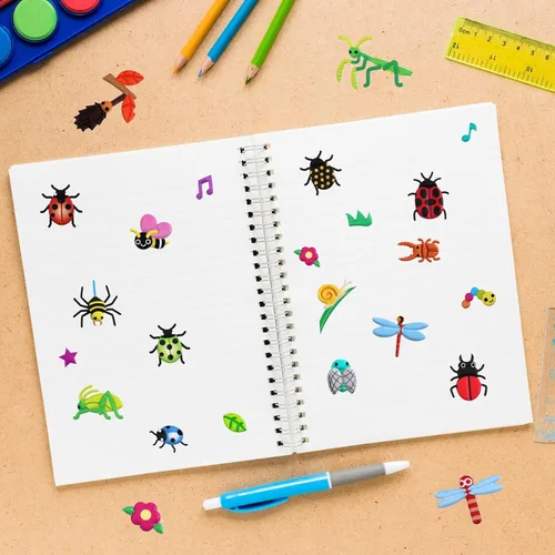 Vista 3 de Calcomanías de Insectos Infladas para Niños Pequeños, Calcomanías de Espuma 3D de Bichos con Mariquita, Mariposa, Mantis Religiosa, Oruga, Libélula