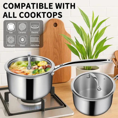 Vista 3 de EWFEN Juego de sartenes de acero inoxidable de 3 capas con tapas, olla multiusos de 1 y 2 cuartos de galón, mango que se mantiene fresco, horno