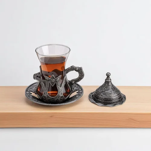 Vista 7 de Alisveristime Juego de 6 vasos de té turco hechos a mano Zamzam para servir vasos platillo y cuchara (negro)