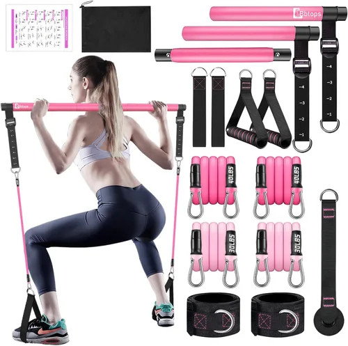 Vista 18 de Kit de barra de pilates Bbtops con bandas de resistencia, barra de pilates con bandas apilables, equipo de entrenamiento para piernas, cadera