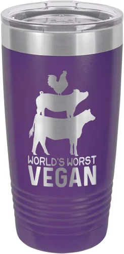 Vista 19 de Taza de viaje con pajita grabada a láser con citas de barbacoa, de la marca World's Worst Vegan, de 20 onzas, para comparar con Yeti Rambler Negro
