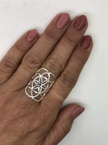 Vista 4 de Anillo clásico de plata de ley 925 geometría sagrada flor de la vida joyería de yoga