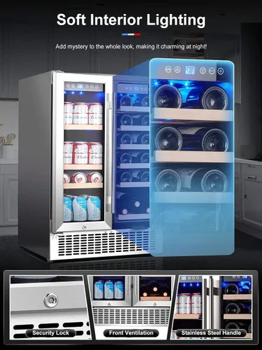 Vista 5 de AAOBOSI Refrigerador de bebidas y vino de 24 pulgadas, doble zona, refrigerador 2 en 1 con control de temperatura independiente, luz LED