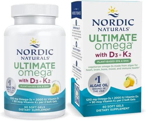 Nordic Naturals Ultimate Omega a base de plantas con vitamina D3+K2 - 60 cápsulas blandas vegetarianas - 1210 mg de Omega-3 más 2000 UI de D3 y 90