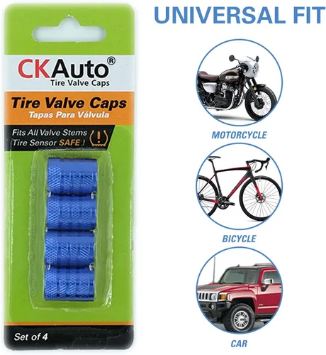 Vista 5 de CKAuto Tapones de vástago de válvula de neumático, azul, 4 piezas/paquete, juego de tapas de válvula de neumático de aluminio anodizado, resistente