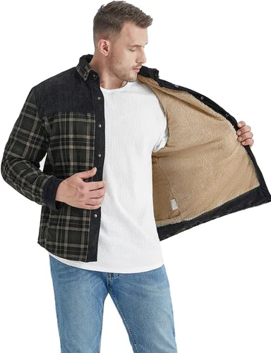Vista 3 de Haellun - Chaqueta tipo camisa de manga larga con forro de sherpa para hombre Verde militar