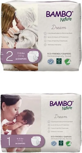 Bambo Nature Pañales de bebé ecológicos de alta calidad, talla 2, 32 unidades y talla 1, 36 unidades