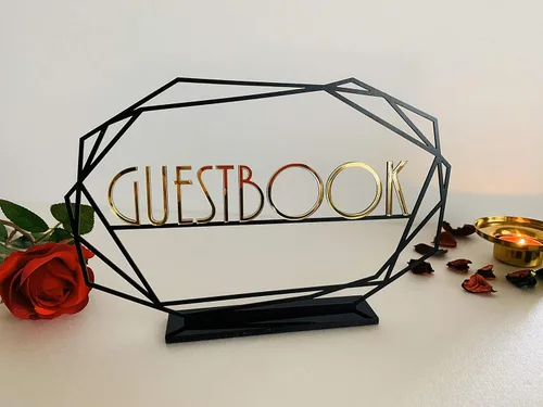 Vista 5 de Guestbook Table Sign Wedding Guest Book with Base Custom Metal Sign Freestanding Personalized Laser Cut Reception Decoration Table Numbers Signs for