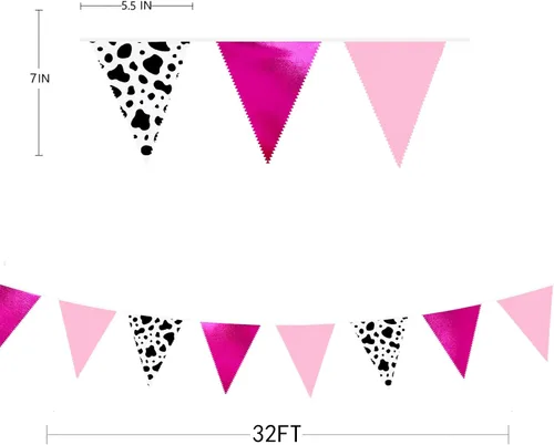 Vista 7 de Decoraciones de fiesta de vaquera de 32 pies con estampado de vaca rosa intenso, bandera triangular, banderines de tela, banderines para vaqueras