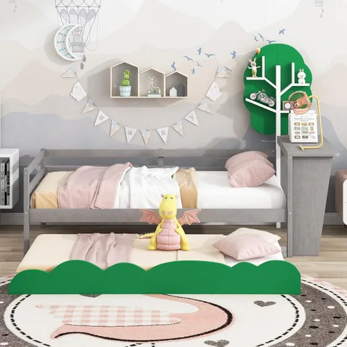 Vista 3 de Anwick Base de cama individual con escritorio y nido, sofá cama de madera con escritorio y estantes en forma de árbol verde, cama de plataforma