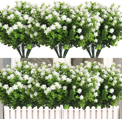Vista 7 de RECUTMS - 8 ramas de flores artificiales, eucalipto artificial realistas, resiste rayos ultravioleta, para jardín, patio, boda, oficina y casa