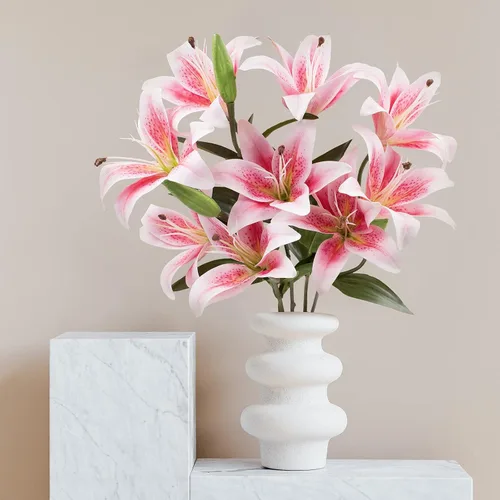 Vista 2 de 12 Artificial Lily Flowers with 9 Heads Full Bloom Lily & 3 Buds, Long Stem Artificial Stargazer Lilies, Faux Tiger Bouquets for Home Hotel Flower
