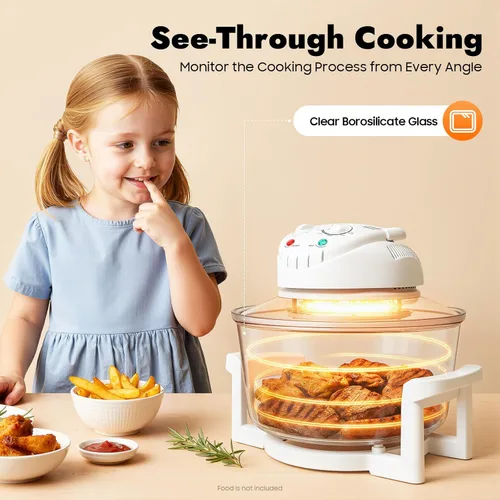 Vista 7 de Freidora de aire de vidrio grande de 18 cuartos – Cocina de circulación halógena y de aire caliente visible en 360°, 1200–1400 W, control preciso