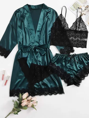 Vista 5 de WDIRARA Conjunto de pijama de lencería con encaje floral de satén para mujer 4 piezas conjunto de pijama con bata