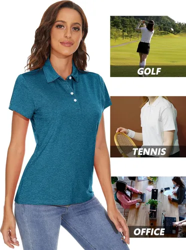 Vista 5 de MAGCOMSEN Camisas polo de manga corta para mujer, con 4 botones, estilo casual, con cuello de trabajo, camisas de golf que absorben la humedad
