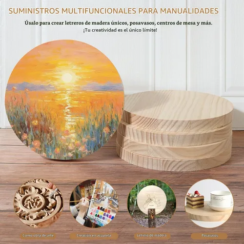 Vista 3 de Paquete de 4 placas redondas de madera de 4 pulgadas, placa circular de madera sin terminar de 3/4 pulgadas de grosor, base de madera de pino