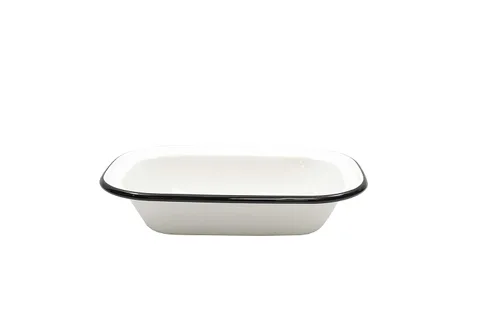 Vista 8 de TableCraft 80013 Colección Enamelware - Bandeja para servir, blanca con borde negro, porcelana sobre acero, del horno a la mesa, camping, casa