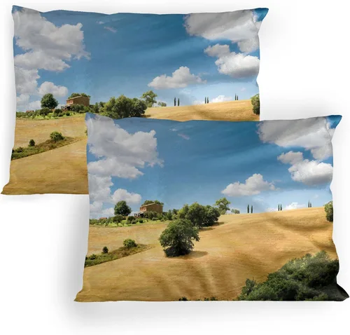 Vista 2 de Lunarable Nature Pillow Sham Set of 2, Sunset in a Winter Park Russia Sun Rays Through Trees Pathway to Forest, Quality Microfiber Bedding Item for