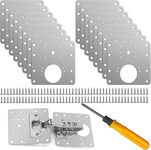 Vista 8 de Kit de placa de reparación de bisagras de gabinete de acero inoxidable de 8 piezas con tornillos y herramientas de montaje para armarios y puertas