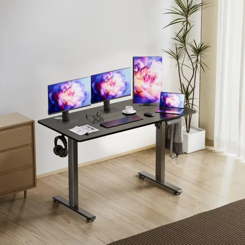 Vista 2 de Escritorio eléctrico de altura ajustable, escritorio de pie sentado de 55 x 24 pulgadas, escritorio ergonómico para computadora con 2 ganchos