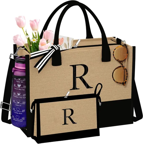 TOPEAST Jute Beach Tote Bag and Makeup Bag Personalized Birthday Gifts for Women Bridesmaid Gifts