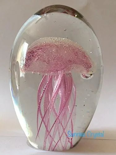 Vista 7 de vidrio soplado a mano – medusas pisapapeles, vidrio brilla en la oscuridad con base de luz multicolor.