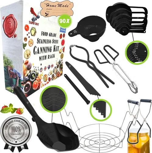 Supa Ant Kit de iniciación de suministros para conservas negras, 10 piezas de accesorios para latas con estante para conservas, cucharón XL, embudo