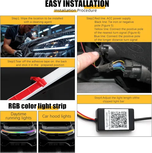 Vista 5 de DREAMIZER Tira de luces LED de 71 pulgadas, 12 V, RGB para automóvil, exterior, flexible para capó, impermeable IP68, tira de luz LED dinámica