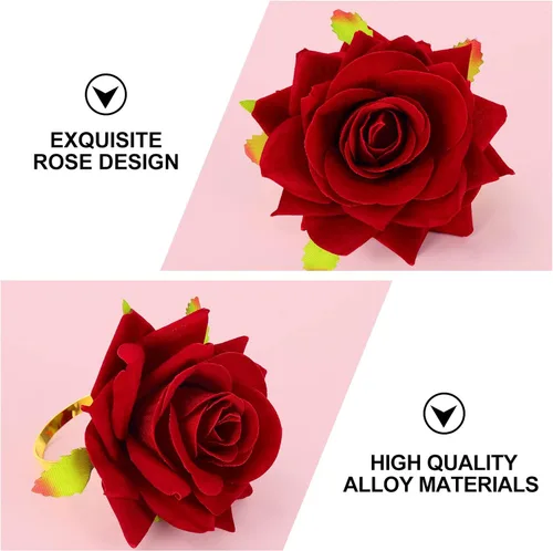 Vista 3 de Whaline Servilleteros de rosas artificiales para el día de San Valentín, servilleteros de rosas rojas de imitación, de aleación, para bodas, mesas