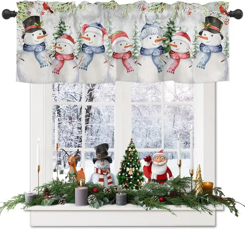 Vista 18 de Cenefas de cortina de cocina con diseño de muñeco de nieve azul para ventanas, cenefa de Navidad para cortinas y cortinas de ventana de cocina